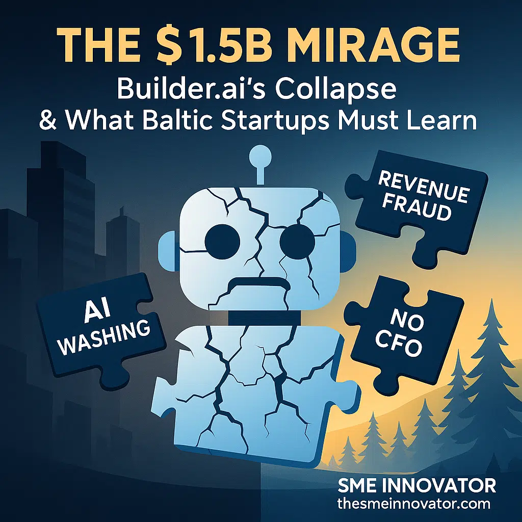 Builder.ai scandal breakdown: cracked AI robot with puzzle pieces labeled fraud, governance failures. Lessons for EU startups.